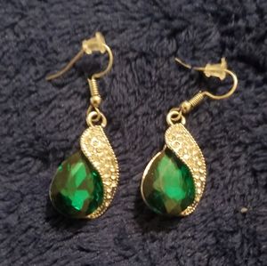 Green Rhinestone Silver Dangle Earrings